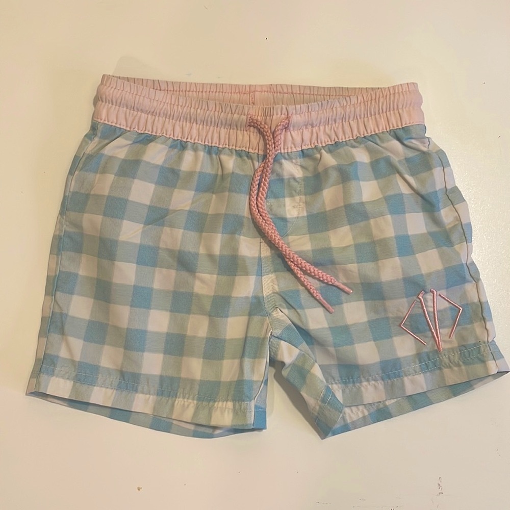 Beaufort Bonnet boys swim trunks blue check pink “V” monogram 2T TBBC